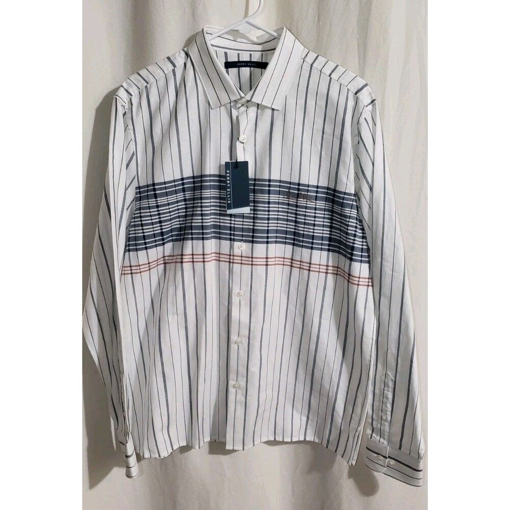 Perry Ellis Mens Large White Engineered Plaid Long Sleeve Button Up Dress Shirt